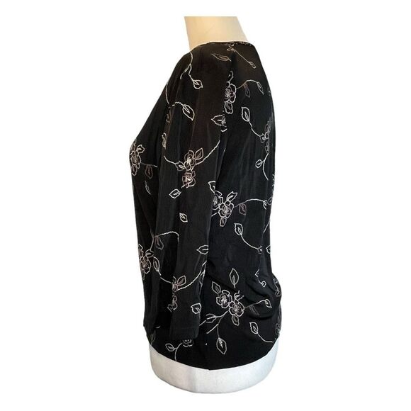 Y2K Briggs NY Embroidered Floral Print Blouse Black V-Neck 3/4 Sleeves M - Picture 3 of 6